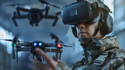 A male drone operator wearing virtual glasses is preparing for a flight. AI Generated