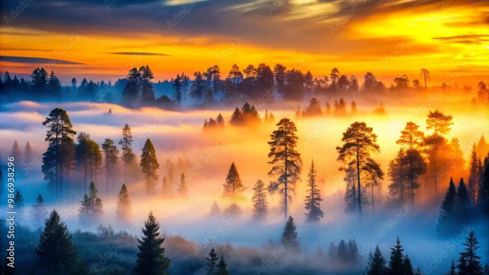 Aufkleber a shadowy forest silhouette rises from dense fog at dawn, enveloping the scene in tranquility and cr