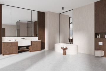 Modern wooden hotel bathroom interior with sink, tub and toilet