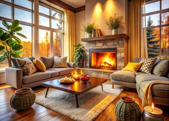 Fototapeta premium A snug living room featuring a cozy fireplace, ideal for unwinding and hosting delightful winter gatherings with