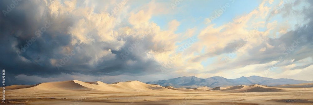 Canvas Prints A captivating desert landscape showcasing towering sand dunes under a dramatic sky filled with majestic clouds, symbolizing vastness, solitude, resilience, and the power of nature.