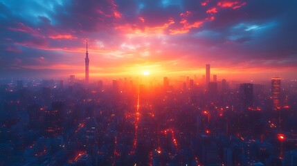 A breathtaking sunset over a modern cityscape, with the sun casting a warm glow over the buildings and streets.