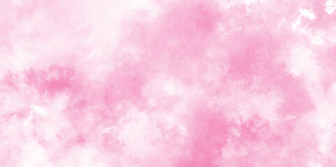 Paint leaks and ombre effects hand painted cloudy pink paper texture, Soft smeared aquarelle painted pink texture, Abstract pink sky background and white clouds on pink canvas.