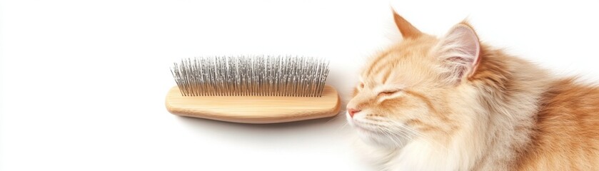 A fluffy orange cat curiously examines a wooden pet brush with metal bristles, set against a clean white background.