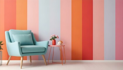 A modern living room with a teal sofa, a red side table, and a pink and orange striped wall.