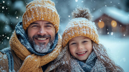 happy family skiing at ski resort with ski slope and bungalow in background, snow, winter sport, father, child, son, parent, new year holiday, active lifestyle, vacation, rest, travel, people, skiers