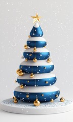 Trendy and modern 3D Christmas with a blue, white, and gold centerpiece Christmas tree, snow, caroling, and a simple background