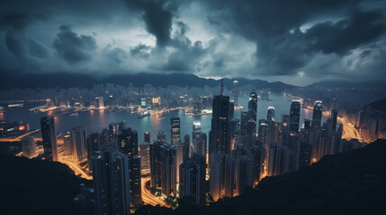 Fototapeta premium Aerial view of Hong Kong at night: a cityscape of high-rise buildings and skyscrapers, dramatic lighting, and a wide-angle lens capturing the bustling urban atmosphere under an overcast sky.