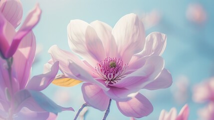 Fototapeta premium A breathtaking close-up of a pink-purple magnolia flower captured from an upward perspective against a pure blue sky. This beautiful and dreamlike image features a garden of light pink and purple 