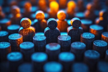 Wooden Figures in the Spotlight: A mesmerizing image capturing the essence of leadership and individuality. Small wooden figures stand tall, illuminated by a warm spotlight, symbolizing the power of s