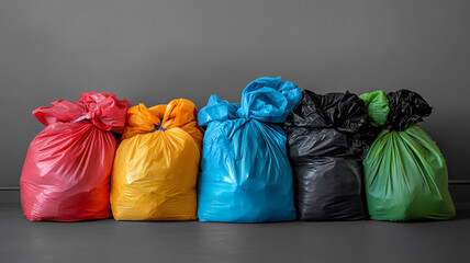 Colorful recycling bags lined up for America Recycles Day to promote waste reduction efforts