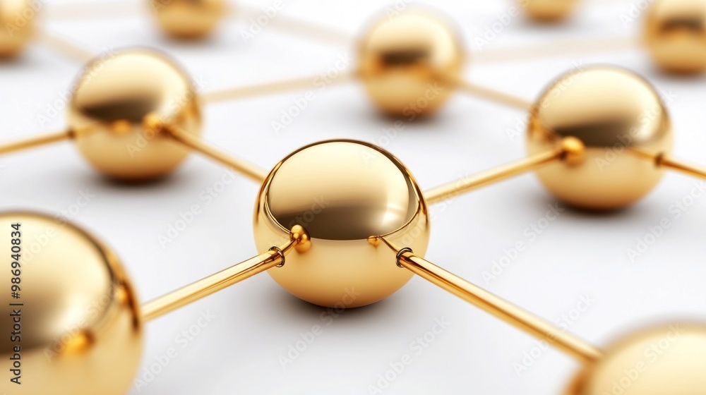 Poster the arrangement features shiny golden spheres linked by thin lines, illustrating a network structure