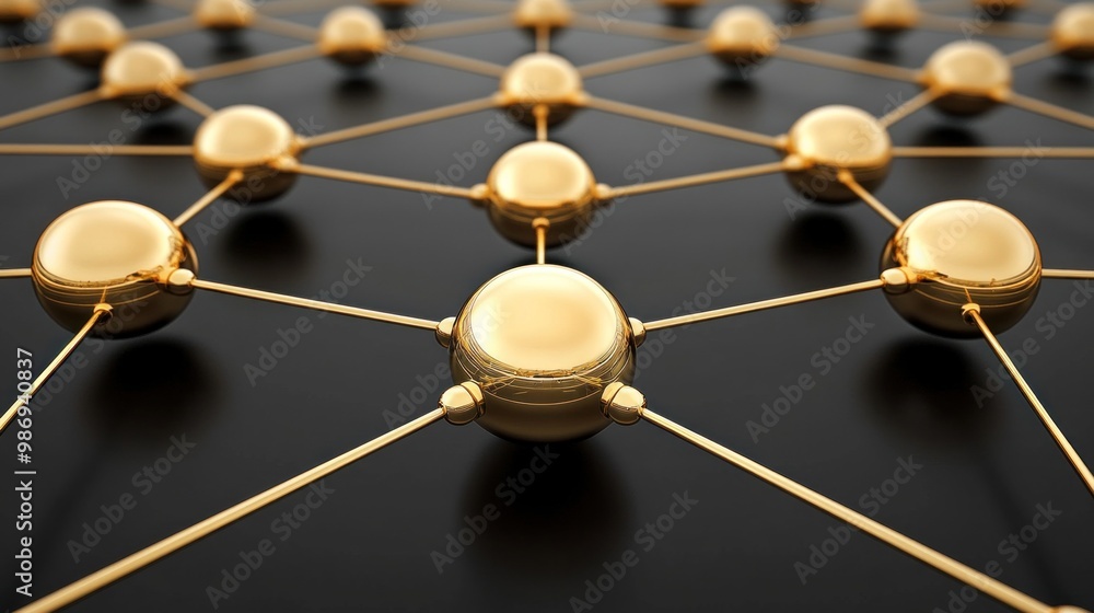 Poster golden spheres connected by thin lines create a network structure that symbolizes connectivity and t
