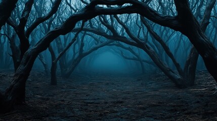 A winding pathway leads through a dense forest filled with twisted branches and shadows, shrouded in a mystical blue haze at twilight