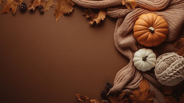 A warm and inviting flat lay showcases pumpkins in orange and white, nestled in a soft knit blanket. Surrounding leaves and pine cones complete the autumnal atmosphere