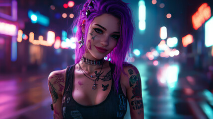 A woman with purple hair and tattoos is standing in front of a neon sign