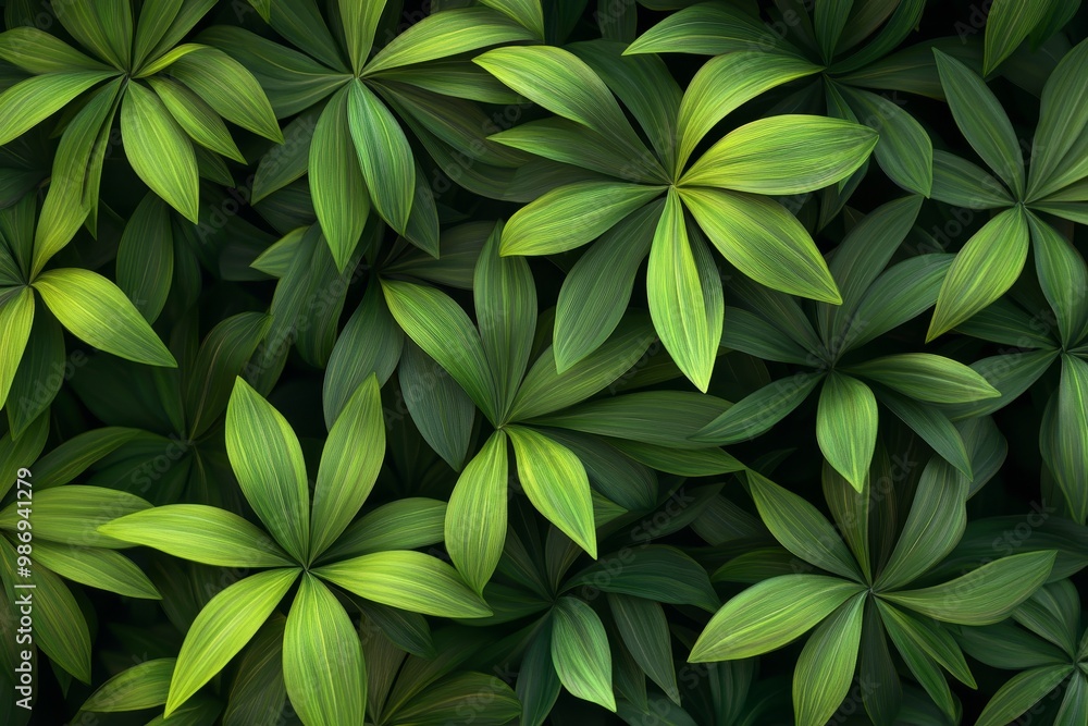 Wall mural A vibrant and intricate pattern of green leaves set against a deep black background, representing growth, vitality, and the beauty of nature. The image evokes feelings of serenity, tranquility, and th