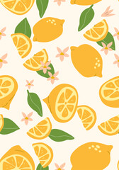 Abstract vertical lemons poster, vector flat illustration. Summer or autumn bright pattern with tropical citrous fruit, harvest cover design. Can used for labels, market ad, posters, covers for print.