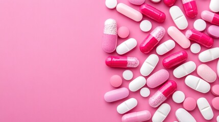 A colorful array of pink and white capsules and tablets is displayed on a soft pink surface, showcasing their diverse shapes and sizes to signal themes of health and wellness