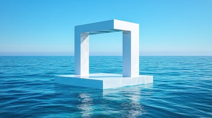 The tranquil ocean reflects the serene structure as it floats effortlessly on the water's surface, surrounded by expansive skies and gentle waves