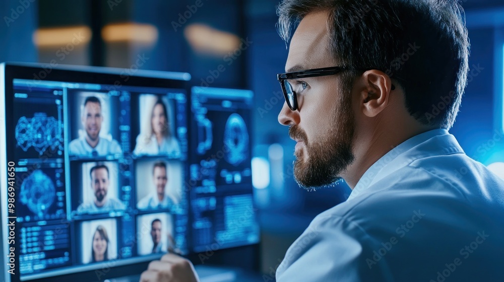 Poster a data analyst focuses intently on a computer screen displaying various facial recognition images of