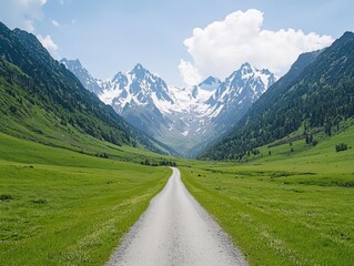 Scenic view of a long straight road through a lush green valley with tall mountains ahead.
