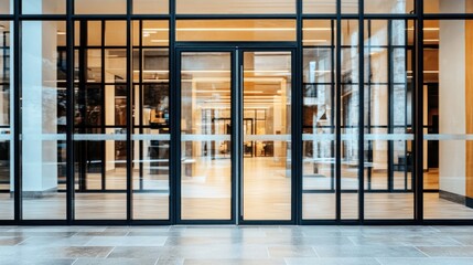 The entrance features sleek, modern glass doors that open to a well-lit and expansive lobby. The design emphasizes a minimalist aesthetic with clean lines and open spaces