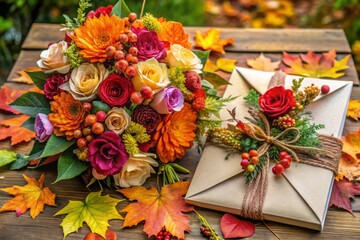 Obraz premium Celebrate your love with our elegant autumn wedding invitations adorned with leaves and floral designs, perfect for