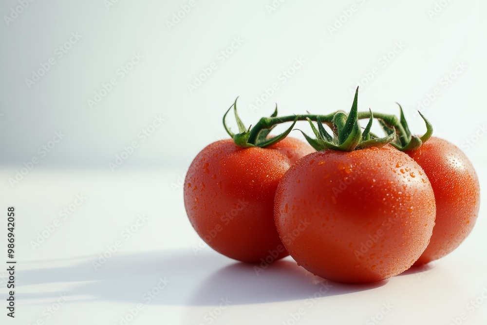 Poster Three plump, red tomatoes, still attached to a vine, sit on a crisp white background, showcasing their vibrant color and juicy texture.  The tomatoes represent freshness, health, and the bounty of nat