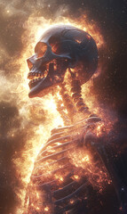 skeleton playing on electric guitar, Skull in the fire, 
A band of skeletons