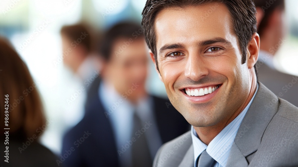 Poster a confident businessman with a broad smile stands out in a lively networking event