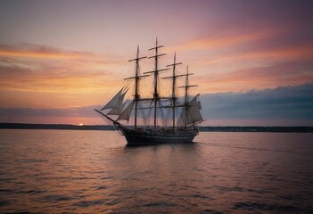 Obraz premium A majestic sailboat floats in the ocean at sunset on the horizon