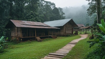 Fototapeta premium Two rustic wooden lodges are set within a vibrant rainforest, with a winding path leading through lush greenery under a misty morning sky, creating a serene atmosphere perfect for nature lovers