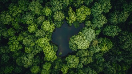 Naklejka premium An aerial perspective reveals a peaceful pond enveloped by vibrant green trees, creating a tranquil oasis in the heart of a dense forest during daylight hours