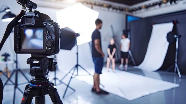 A professional photographer captures moment in bright studio, showcasing camera setup with soft lighting and backdrop. atmosphere is creative and vibrant, perfect for photoshoot