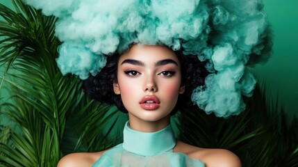 Naklejka premium A talented model poses with striking teal hair styled to resemble fluffy clouds, surrounded by vibrant greenery, showcasing creativity and artistry in fashion