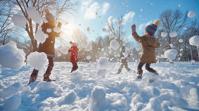 Four children joyfully playing snowball fight in a snowy park, kids laughing and throwing snowballs, faces beaming with joy under the sunny sky. A group of energetic kids enjoying winter