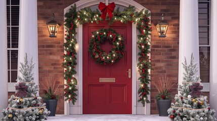 Red front door of a brick house decorated with garlands, wreath, string lights and frosted mini christmas trees. Festive holidays at home. Merry christmas and happy new year. welcoming neighborhood