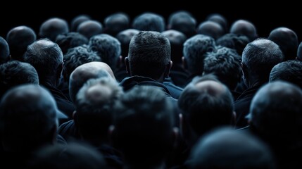 Fototapeta premium A crowd of individuals with similar hairstyles stands closely together, all facing forward. Their features are obscured in the dim light, creating a sense of anonymity and unity