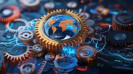 An intricate machine where politics fuels the global economy, depicted as gears and cogs