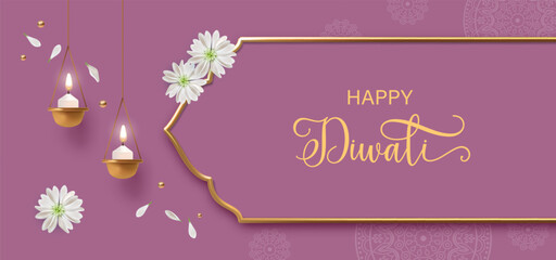 Diwali festival background with hanging diya lamp, golden frame, white flowers and petals