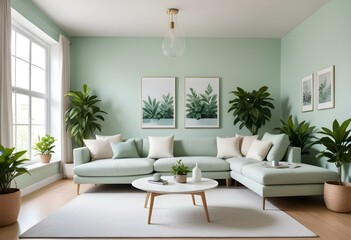 A modern living room with a mint green color scheme. The room features a beige sofa, a white coffee table, and a large white framed artwork on the wall.