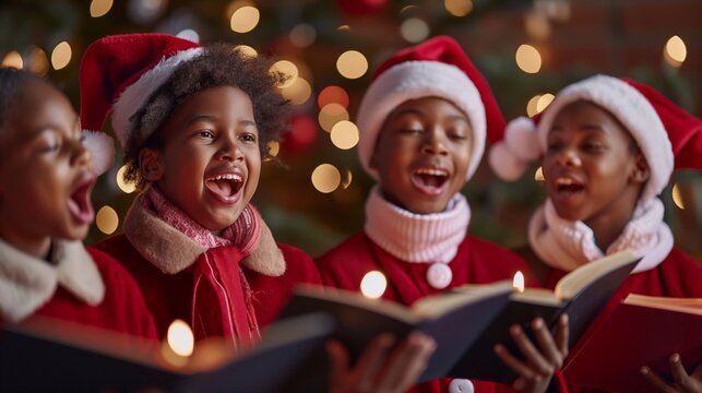 Four children in santa hats joyfully sing carols by a christmas tree, radiating warmth and togetherness. Innocent and cheerful, they create a harmonious choir, bringing joy. Black kids, New year