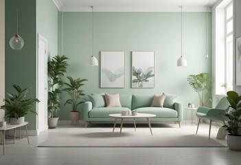 A modern living room with a mint green color scheme. The room features a beige sofa, a white coffee table, and a large white framed artwork on the wall.