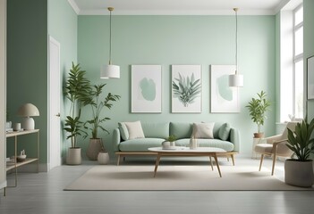 A modern living room with a mint green color scheme. The room features a beige sofa, a white coffee table, and a large white framed artwork on the wall.