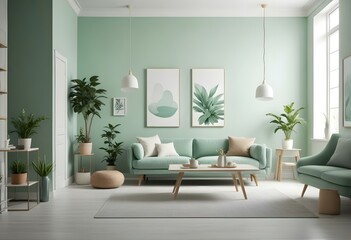 A modern living room with a mint green color scheme. The room features a beige sofa, a white coffee table, and a large white framed artwork on the wall.