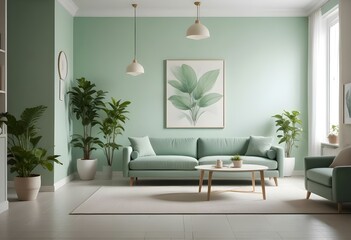 A modern living room with a mint green color scheme. The room features a beige sofa, a white coffee table, and a large white framed artwork on the wall.