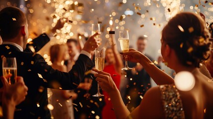 Elegant friends chatting joyfully at a glamorous new year's eve party. Celebrating with champagne toasts and cheerful conversations in a festive and luxurious atmosphere filled with laughter. Smiles
