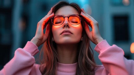 A young woman stands outside at dusk, her eyes closed in meditation as she gently holds her glasses. The warm glow of city lights enhances the calm ambiance around her