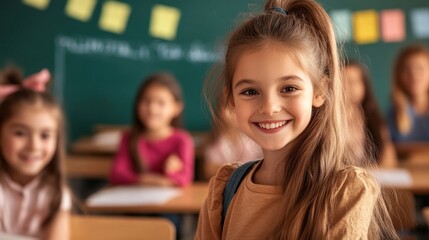Obraz premium A cheerful girl with long hair sits at her desk, smiling widely at the camera, while her classmates are engaged in learning in the background. The classroom is bright and welcoming